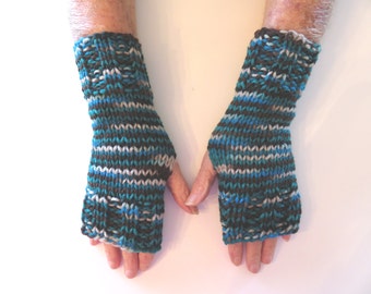Hand Knit Fingerless Mittens/Texting Gloves -Tropical Storm:turquoise/brown/beige Wrist Warmers- One Size
