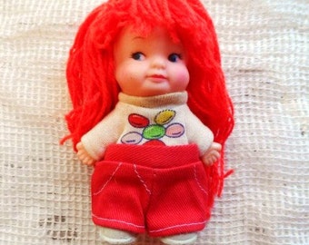 1975 U.D. Co. Inc. Pee Wee Doll with Long ReD Yarn Hair- Uneeda PeeWee- Peewee Doll with Original Clothes- Balloons- Tiny Doll- Mini Doll
