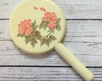 Vintage Merle Norman Cosmetics, Mirror Mirror, Handheld, Plastic, Pink Carnations, 1970s, Make-Up, Floral, Made in the USA