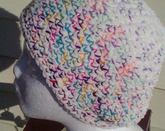 Crochet winter hat, sky blue and bright rainbow