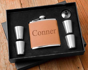 Personalized Hide Stitch Flask & Metal Shot Glass Gift Box Set
