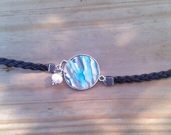 Genuine Paua Abalone Shell & Pearl Leather Bracelet, Ln1047, adjustable clasp, Beach Ocean, Anniversary, Birthday, Collectable by Lynn