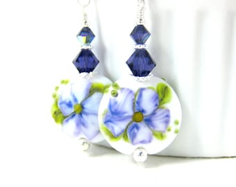 Purple White Flower Dangle Earrings, Lampwork Earrings, Gift for Gardener, Floral Earrings Botanical Earrings, Glass Earrings Nature Jewelry