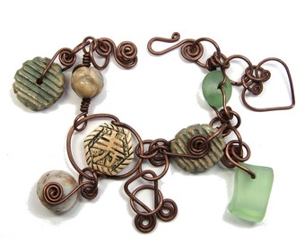 Handmade Bracelet, One of a Kind, Heavy Copper Wire Work, Ceramic Stoneware Clay, Beach Glass & Semi-Precious Stones, Hand Formed Closure