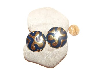VINTAGE MONET Blue Enamel And Gold Round Earrings, Pierced Earrings, Monet Earrings