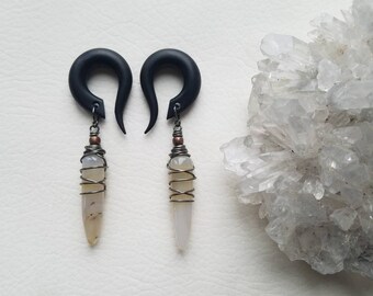 Cloudy Agate Spike Stone Gauges // Gunmetal Wire Wrapped // Mixed Metals // Polished Stone Spikes // Pick Your Stones // Dangle Plugs