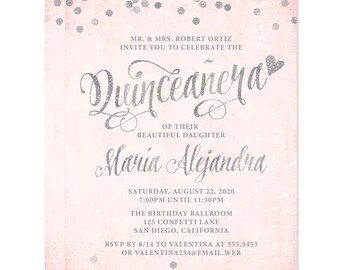 red and silver glitter bling damask quinceanera invitations