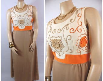 1970s Orange and Brown Maxi // 34 Waist // 70s Volup XL Autumn Earth Tones Soutache Banded Waist Sleeveless Scoop neck