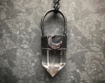 Quartz Cluster Necklace | Quartz Point Necklace | Crescent Moon Necklace