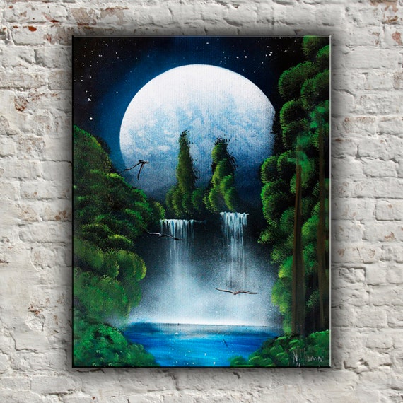 Moon landscape Painting Flying bird Waterfall painting Acrylic