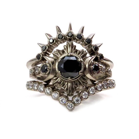 Luna Valkyrie Black and White Diamond Moon Engagement Ring Set - 14k White, Yellow or Rose Gold