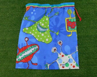 Large daycare sheet bag or library bag, monsters large blue drawstring bag