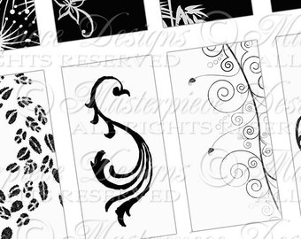 Lovely Black & White Printables / Flowers / Vines / Ornamental - INSTANT DOWNLOAD 1x2 Inch Domino Tile Rectangle Digital JPG Collage Sheet