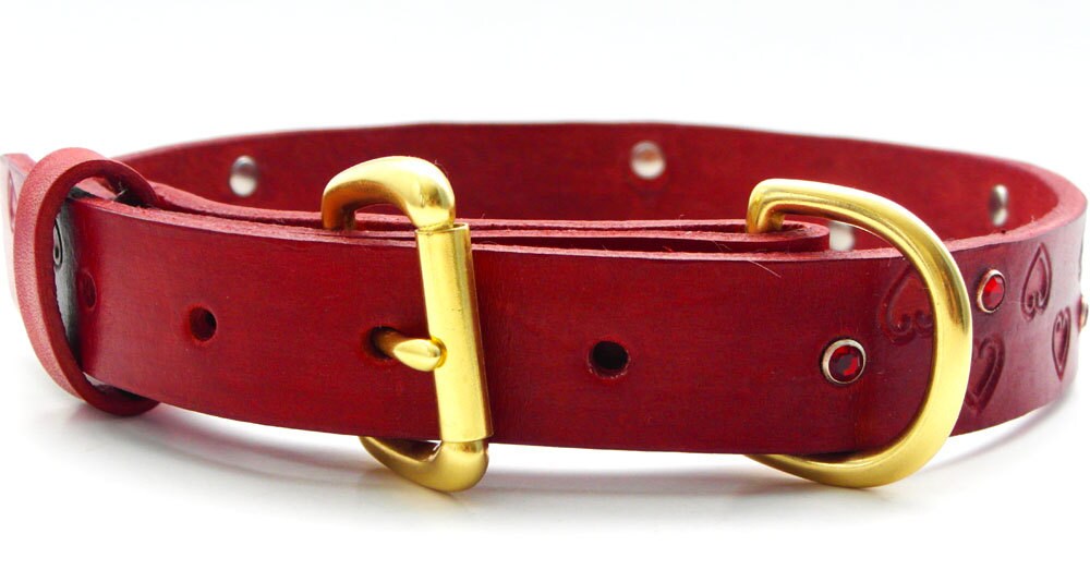 Red Leather Dog Collar with hearts and crystals