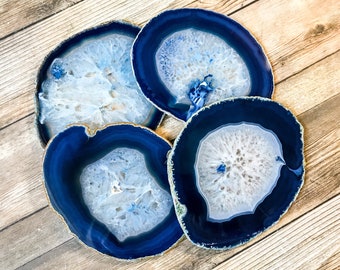 Extra Large Blue Agate Coasters Natural Geode Slice Set of Four - Crystal Rock Stone Decor