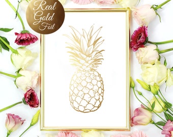 Gold Pineapple Print, Gold Pineapple Wall Art, Minimalist Art Print, Real Gold Foil, Modern Home Decor, Gold Fruit, 8x10 Print.
