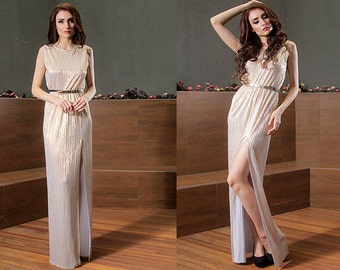 Light Gold Long Evening Dress, Maxi Prom Dress with Front Slit, Metallic Bridesmaid Dress, Women Formal Dress and Part Dress