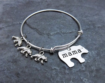 Mama Bear Charm Bracelet Mothers Day Gift for Her - You Choose Bangle Style and Baby Bears - Custom Personalized Jewelry Momma New Mom