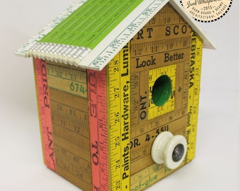Vintage Yardstick Reclaimed Wood Reuse Repurposed Pink and Green Staedtler Pencil Birdhouse Made by Hand by Junkwhisperer.com