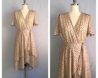 Sonnet dress | vintage 1970s Leon Cutler wrap dress | 70s polkadot flutter dress | s