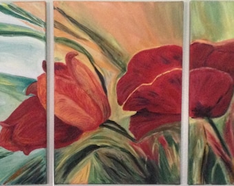 Tulips and Poppy, original acrylic painting, 3 x 12" x 16"