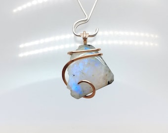 Raw Moonstone Pendant | Simple White Necklace | Rainbow Moonstone | 14kt Rose Gold Filled | Rough Moonstone | Rustic Wedding Necklace