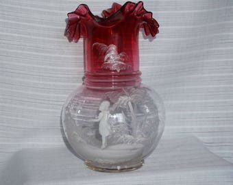 Vintage Mary Gregory Cranberry and Clear Ruffled Pitcher