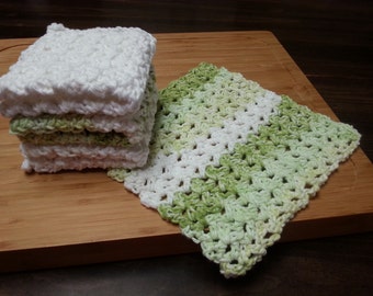Crocheted Cotton Dishcloths, Set of 4, Green Stripe, White, Crochet Dishrag, Housewarming Gift, Kitchen Dishcloth