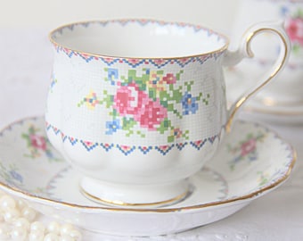 Vintage Royal Albert 'Petit Point' Gentleman Size Cup and Saucer, Forget-Me-Not and Pink Rose Decor, England