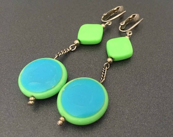 Neon Green and Blue Clip Earrings, Vintage Mod Jewelry, Bright Multi Color Jewelry, Summer Jewelry, Mod Jewelry, Drop Earrings