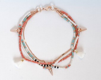 Delicate 14K Rose Gold & Turquoise Beaded Wrap Charm Bracelet with Tiny Spikes, Tassels Δ Friendship Bracelet Δ Multistrand Boho Bracelet