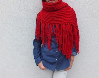 Oversized Red Scarf Cozy scarf Bohemian fringe scarf Winter scarf Extra long scarf