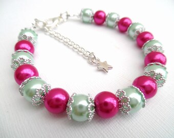 Hot Pink and Mint Green Bracelet with Star Charm, Bridesmaids Jewelry Gift, Pink Pearl Bracelet, Single Strand Bracelet, Hot Pink Wedding