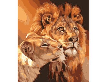 Two Lions DIY Paint by Number Kit Canvas + Paint + Brush Oil Painting Art Wall Decoration 40x50cm
