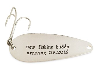 baby announcement grandparent, grandma grandpa, pregnancy reveal, new fishing buddy arriving, stamped fishing spoon, keychain
