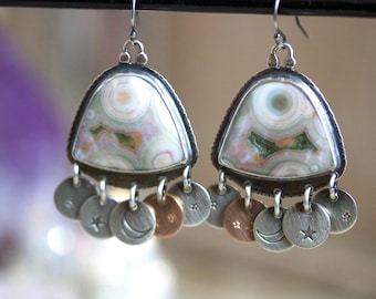 Ocean Jasper Drusy Earrings, Sterling Silver Chandelier Earrings, Rose Gold Drop Earrings... Kismet... Sequins Edition...
