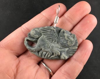 Flying Winged Cat Pendant Carved Ribbon Jasper Stone