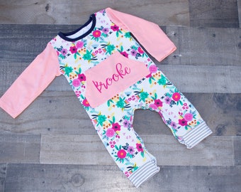 Monogrammed Baby Girl Floral Romper Bodysuit with Front Pocket