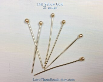 14k Gold Ball Head Pins Headpins 21 gauge Large Heads Ball End Tip Length Made to Order 14k Real Solid Yellow Gold Findings Wire Wrapping