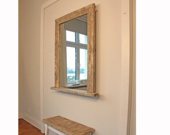 Rustic wall mirror with shelf for hallway or bathroom