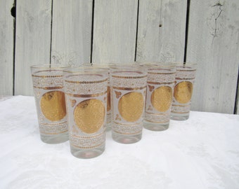 Aztec Gold Medallion Barware, Gold & White Drinking Glasses, Vintage Gold Tumblers, Mid Century barware, Aztec Calendar, Tribal barware