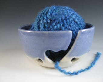 Ceramic Yarn Bowl, Pottery Knitting Bowl, Hearts, Periwinkle Purple and White