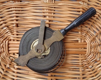 Vintage Tool; KINEX 30 m Metal Measuring Tape with Handle; Industrial Metal Measuring Tape Roll; Old Measuring Metal Tape with Brass Holder