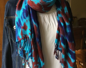 Tie Dye Thai Fringed Silk Scarf, Turquoise/Blue/Brick Red Shawl, Shibori Tie Dye Silk Pashmina Shawl, One of a Kind Gift, Boho Fashion