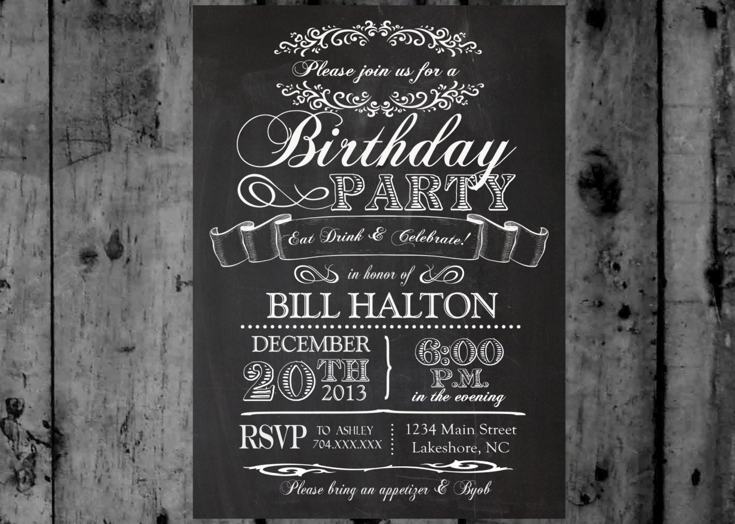 Chalkboard Birthday Rustic Printable Party Invitation Party