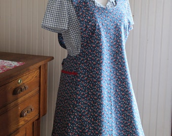 Blue and Red Calico 1930's Apron -Ready to Ship