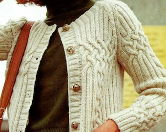 Cable and Rib Fisherman Cardigan Vintage Knitting Pattern Instant Download