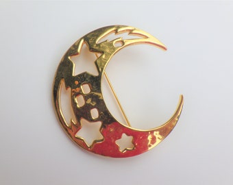 Broche Vintage Rare - Motif Lune Et Étoiles (Spilla Luna Stelle) - Occasion