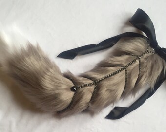 Luxury Smokey Grey with Chain Add On Kitten Play BDSM Tail Faux Fur 25 Inch