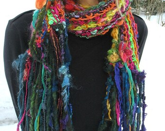 hand knit scarf long handspun art yarn scarf patchwork boho rainbow scarf - forest gypsy flower color story scarf